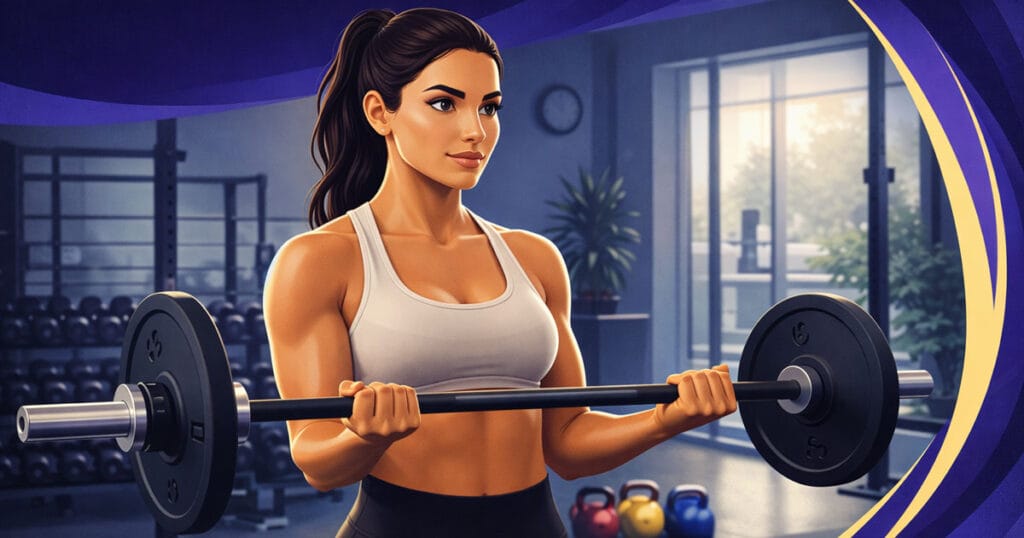 A fit woman with dark hair in a ponytail lifts a barbell in a gym, wearing a white sports bra and black leggings. Behind her are dumbbells, kettlebells, gym equipment, large windows, and a plant. The image has a vibrant, energetic style.